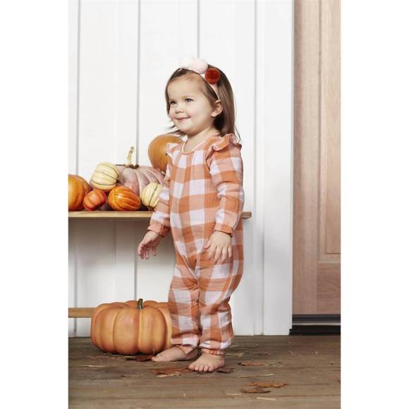 NEW MUDPIE baby girl's check one-piece and headband set in orange - Picture 3 of 3